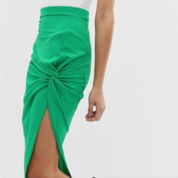 ASOS Design Knot Front Ribbed Kelly Green Midi Skirt Size 4 - Picture 3 of 7